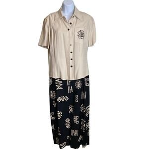 Vintage DJ & Co Women's Cream Black Two Piece Blouse Midi Skirt Set Size 8 Retro